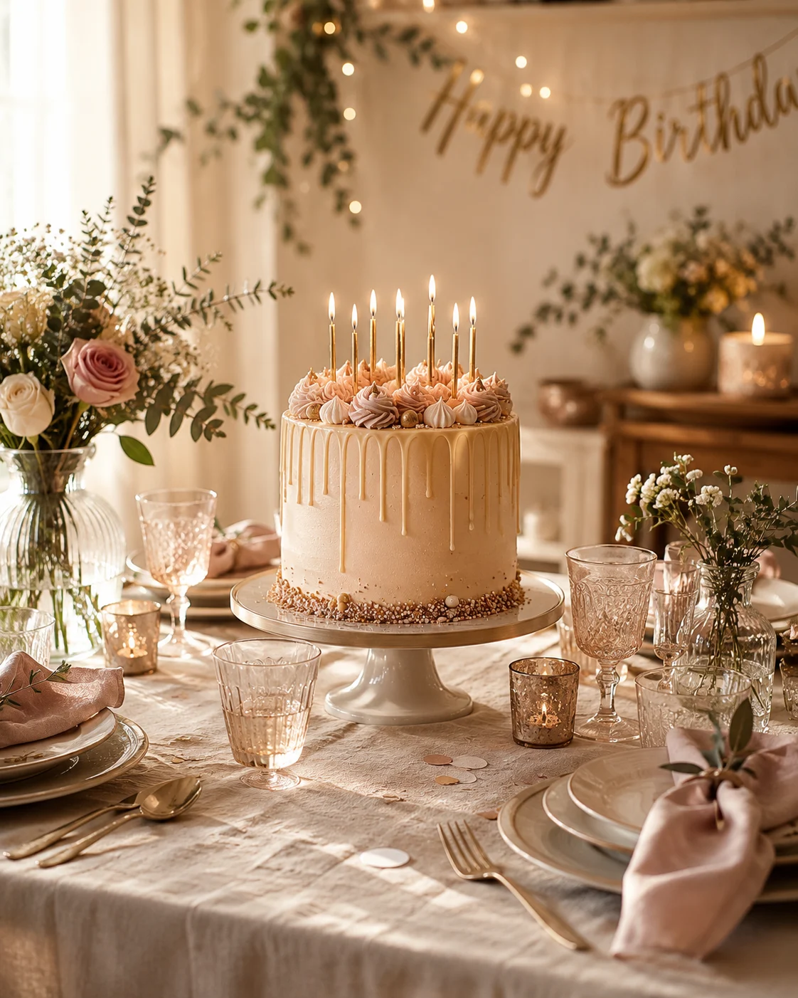 Table d’anniversaire élégamment dressée autour d’un gâteau