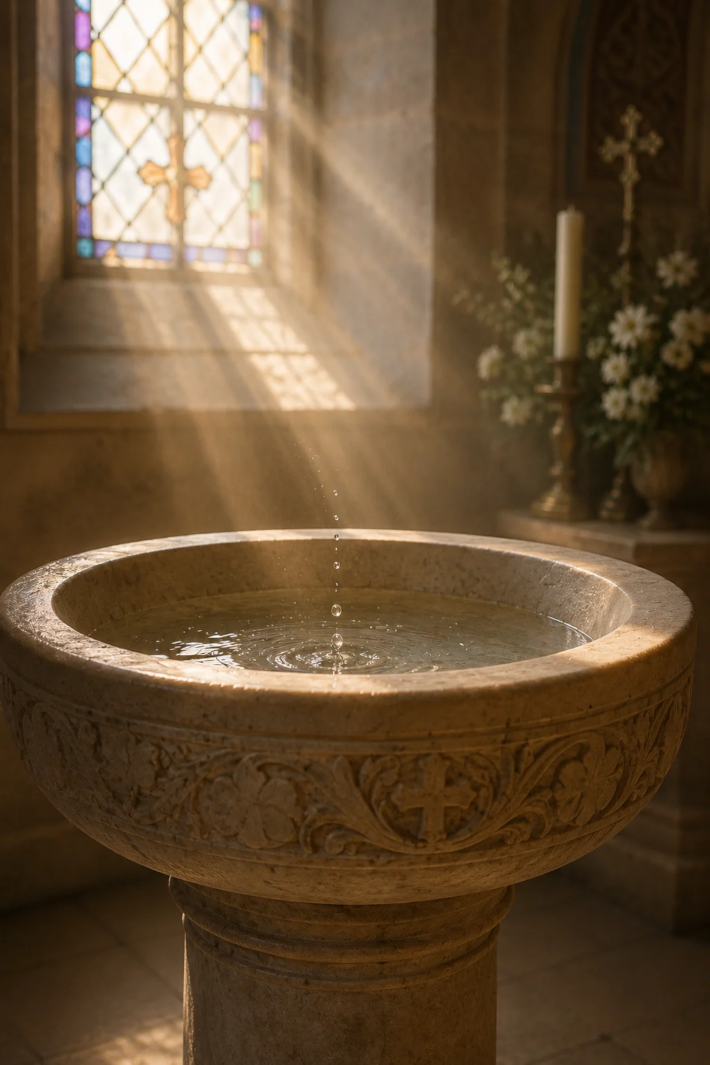 Cuve baptismale en pierre éclairée par un vitrail
