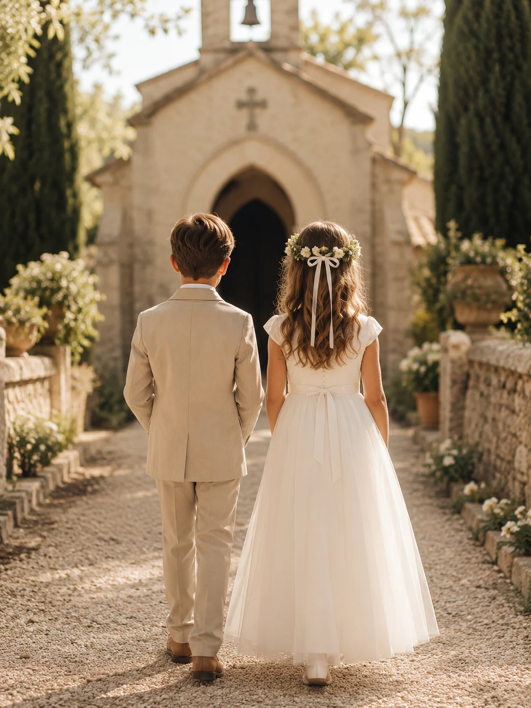 Garçon et fille en tenue de communion devant une chapelle