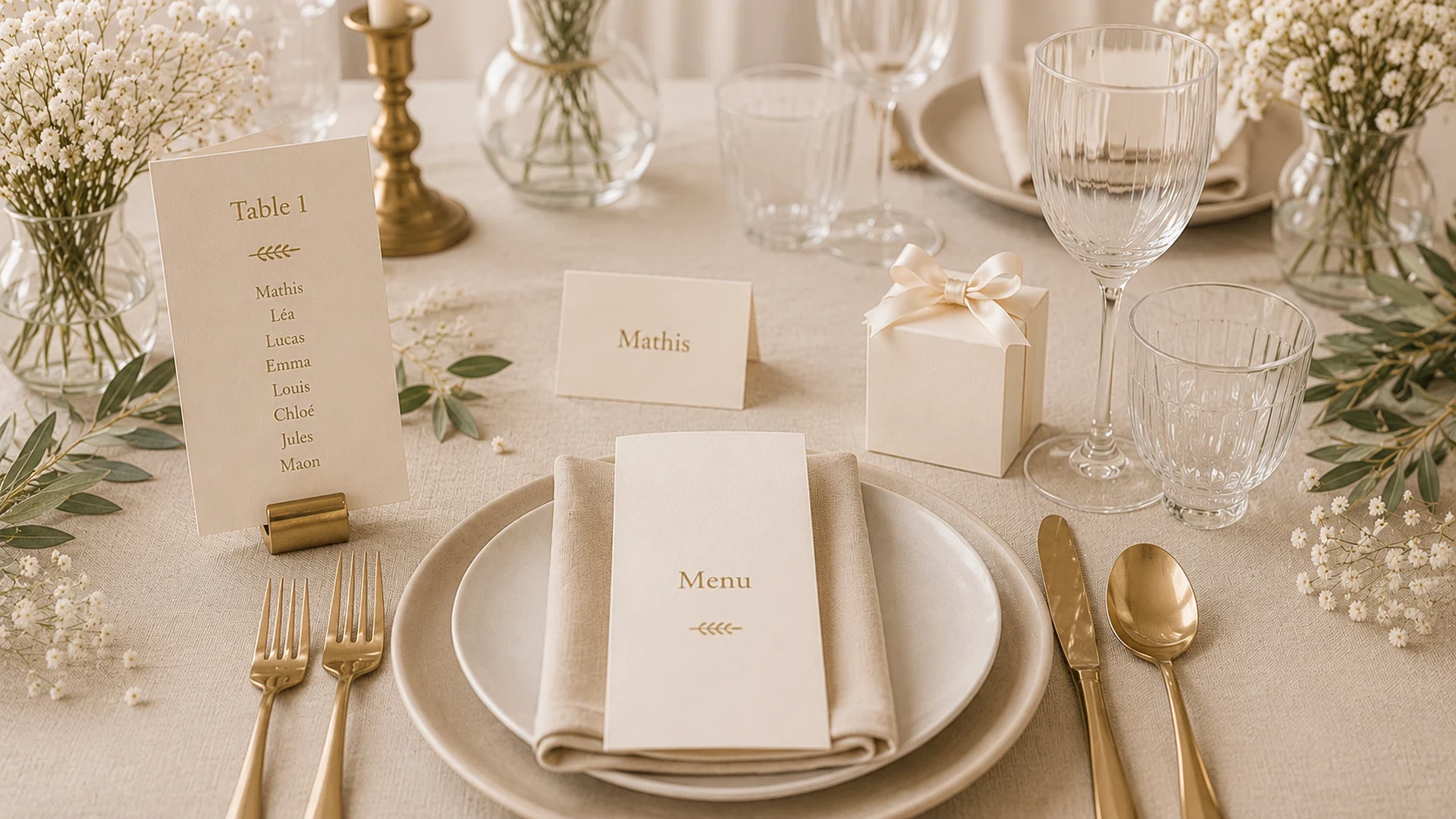 Table de communion élégamment dressée avec papeterie neutre