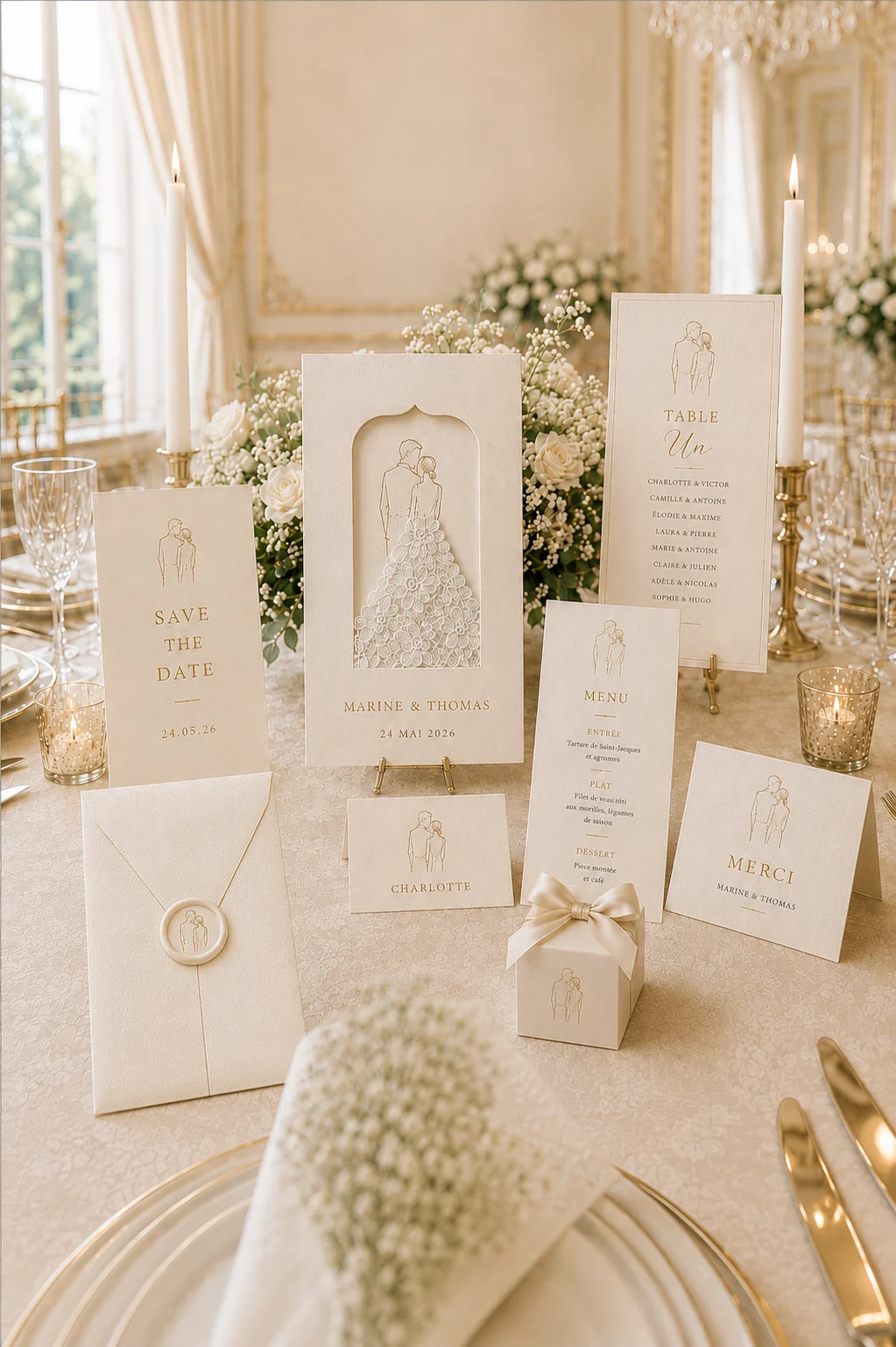 Collection Élégance mise en scène sur une table de mariage raffinée