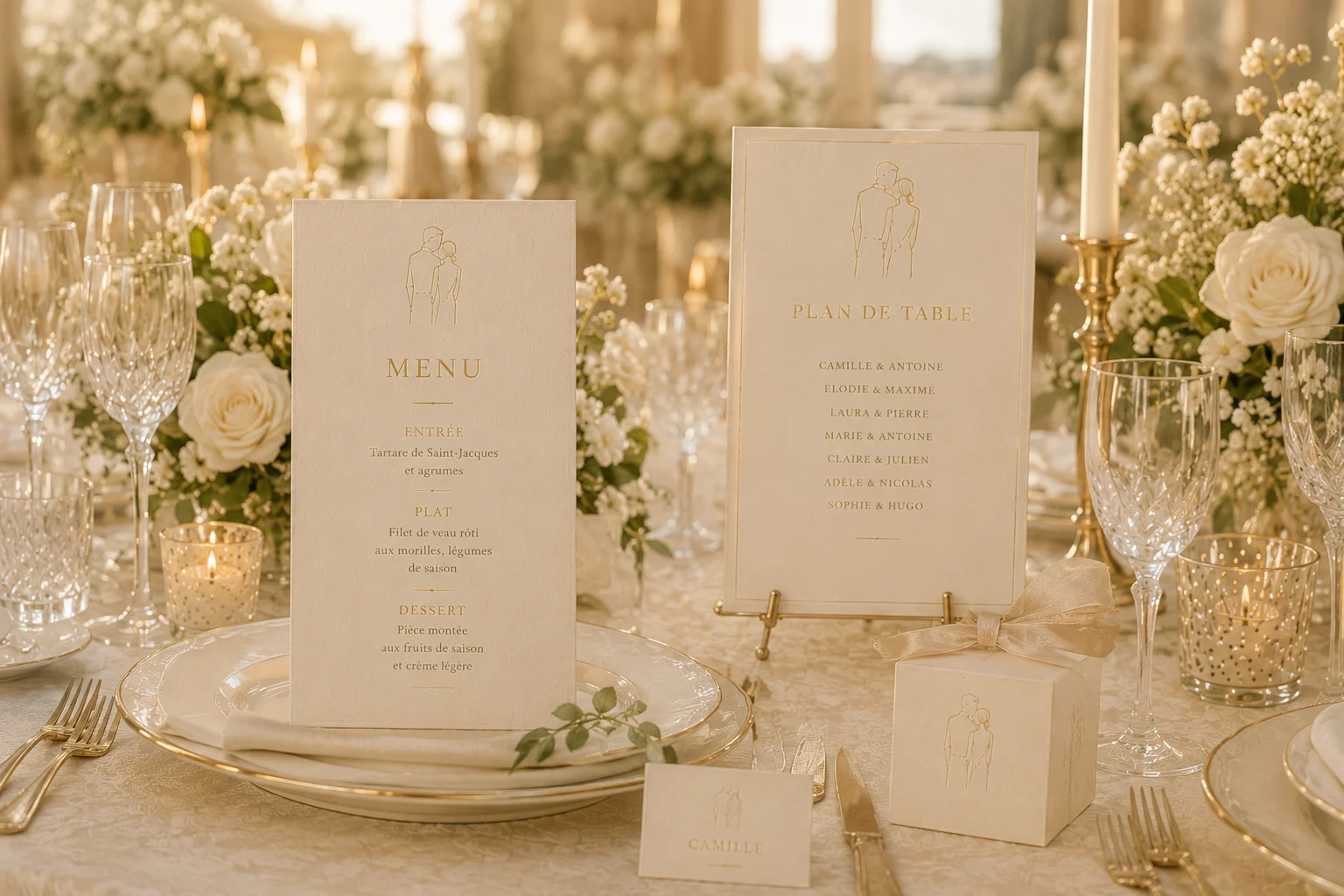 Table de réception de mariage élégante, dressée dans des tons crème et dorés