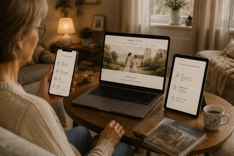 Invitée consultant le programme d’un mariage sur son téléphone, avec le site affiché sur plusieurs appareils