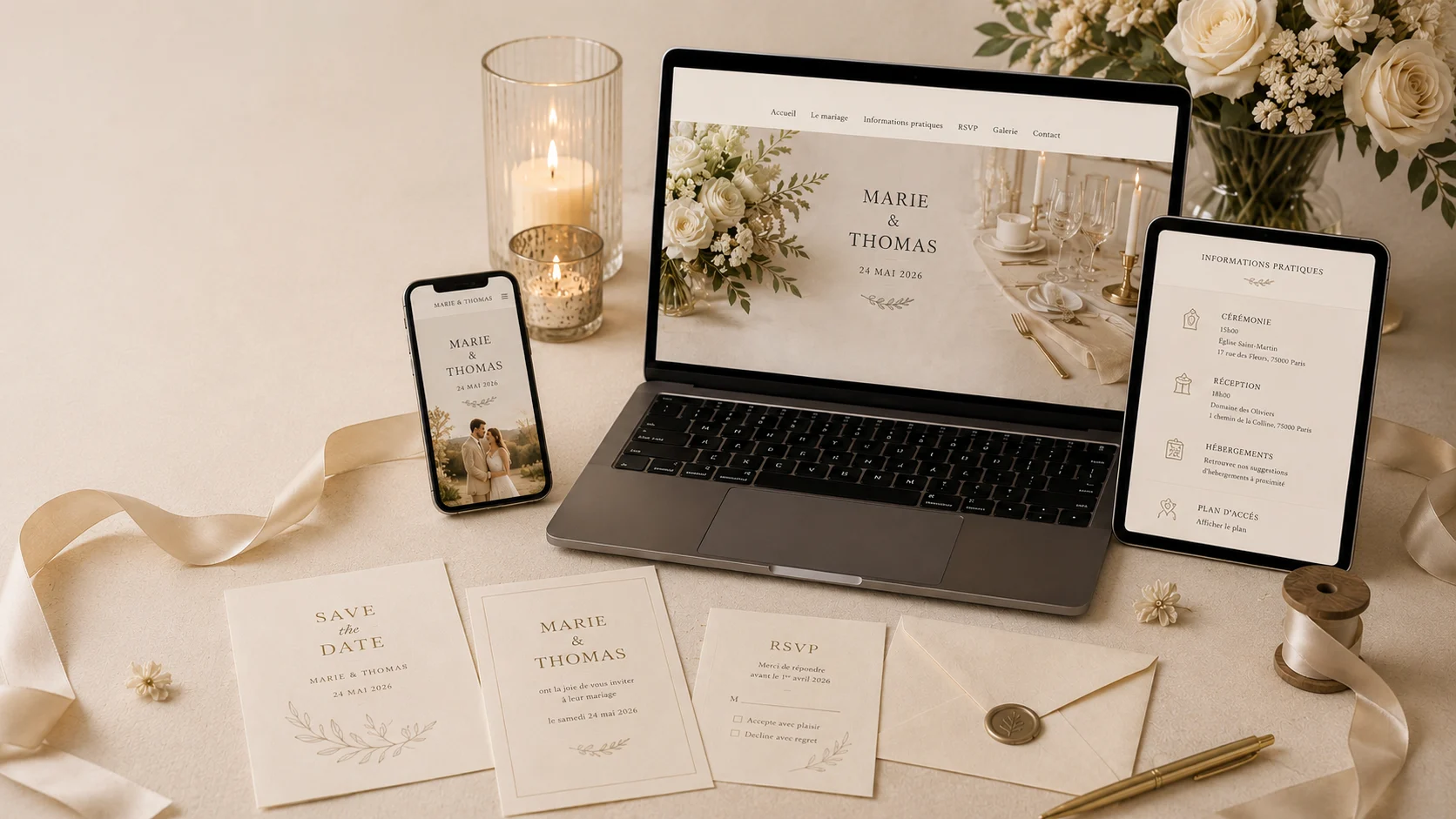 Site de mariage présenté sur ordinateur, tablette et téléphone avec papeterie coordonnée