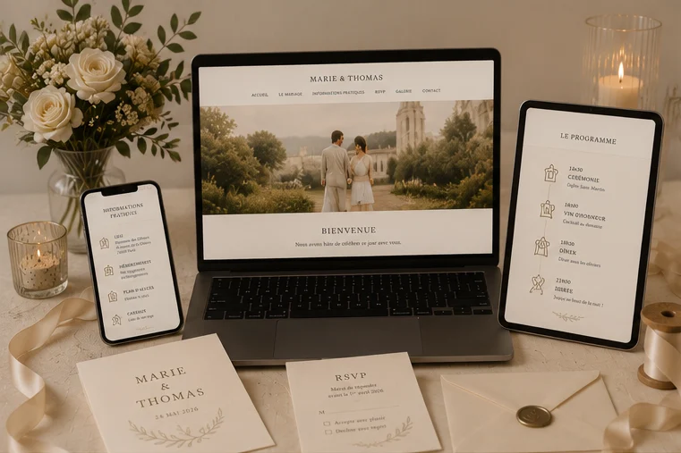 Site de mariage affiché sur ordinateur, tablette et téléphone avec les informations de l’événement