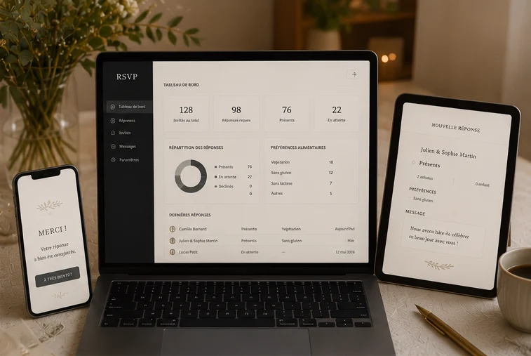 Interface RSVP affichant les confirmations de présence et les préférences des invités