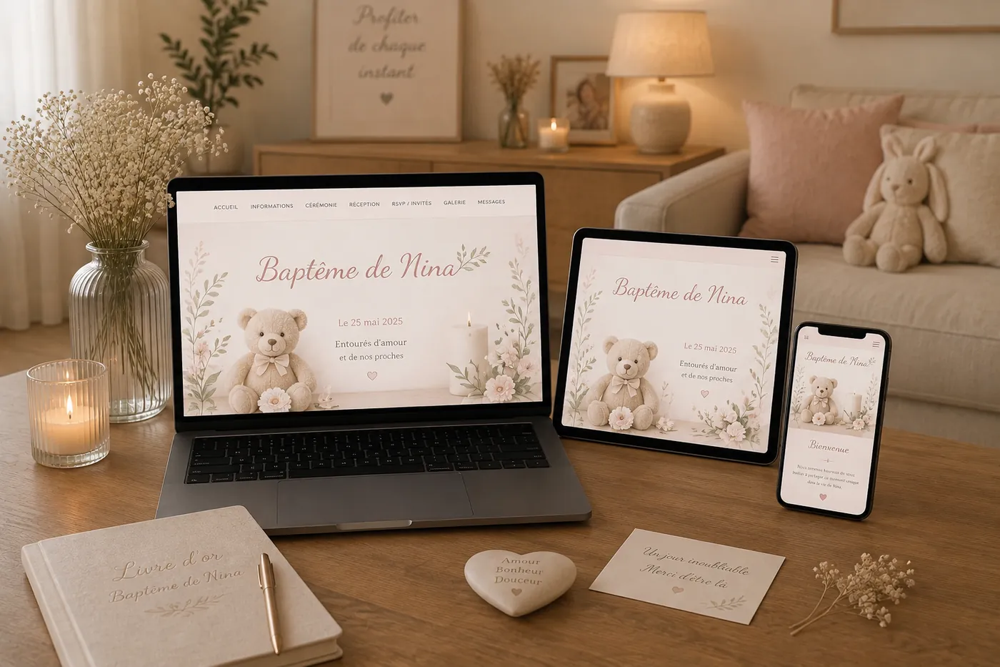 Site du baptême de Nina affiché sur ordinateur, tablette et smartphone