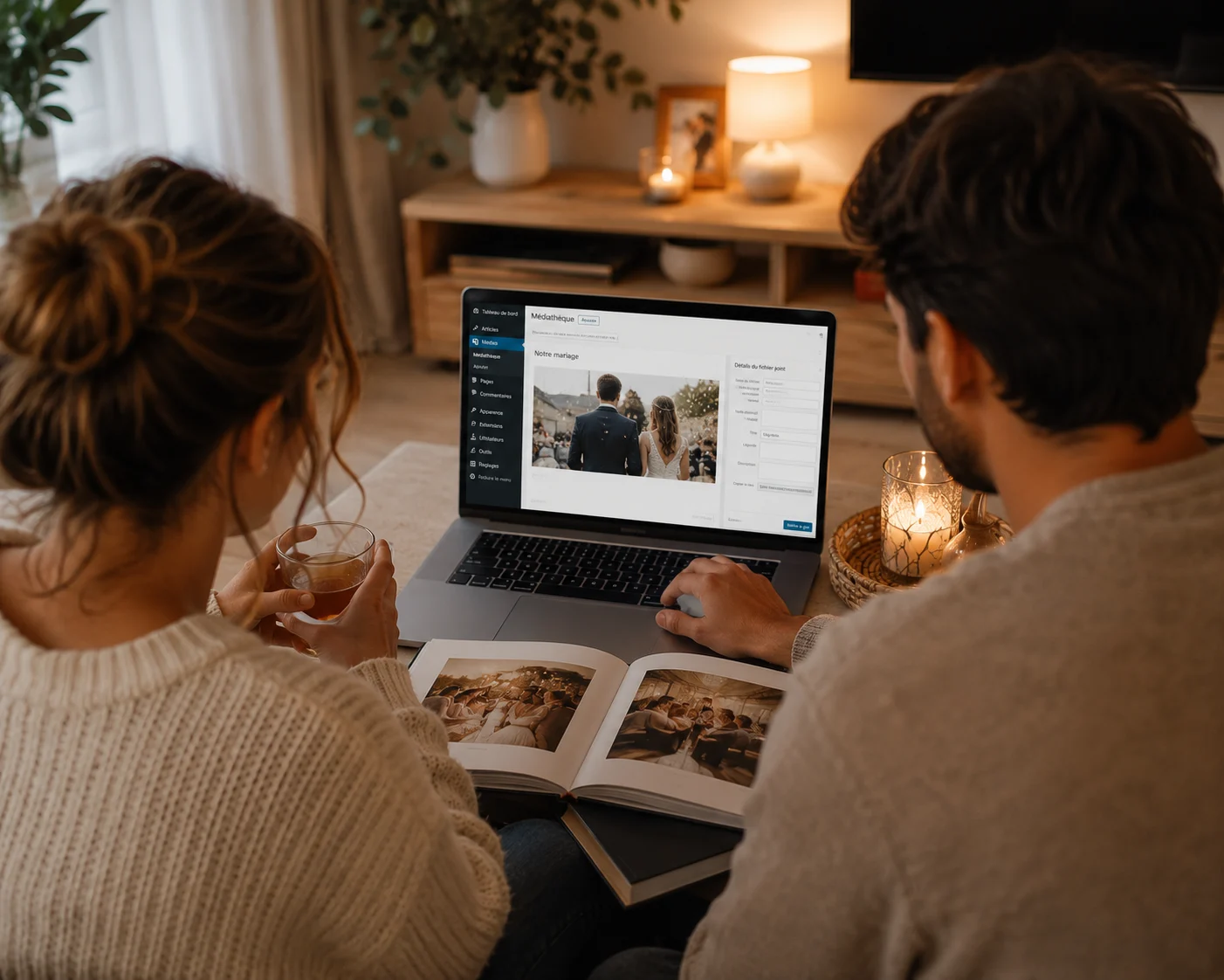 Couple ajoutant une photo de mariage sur son site internet