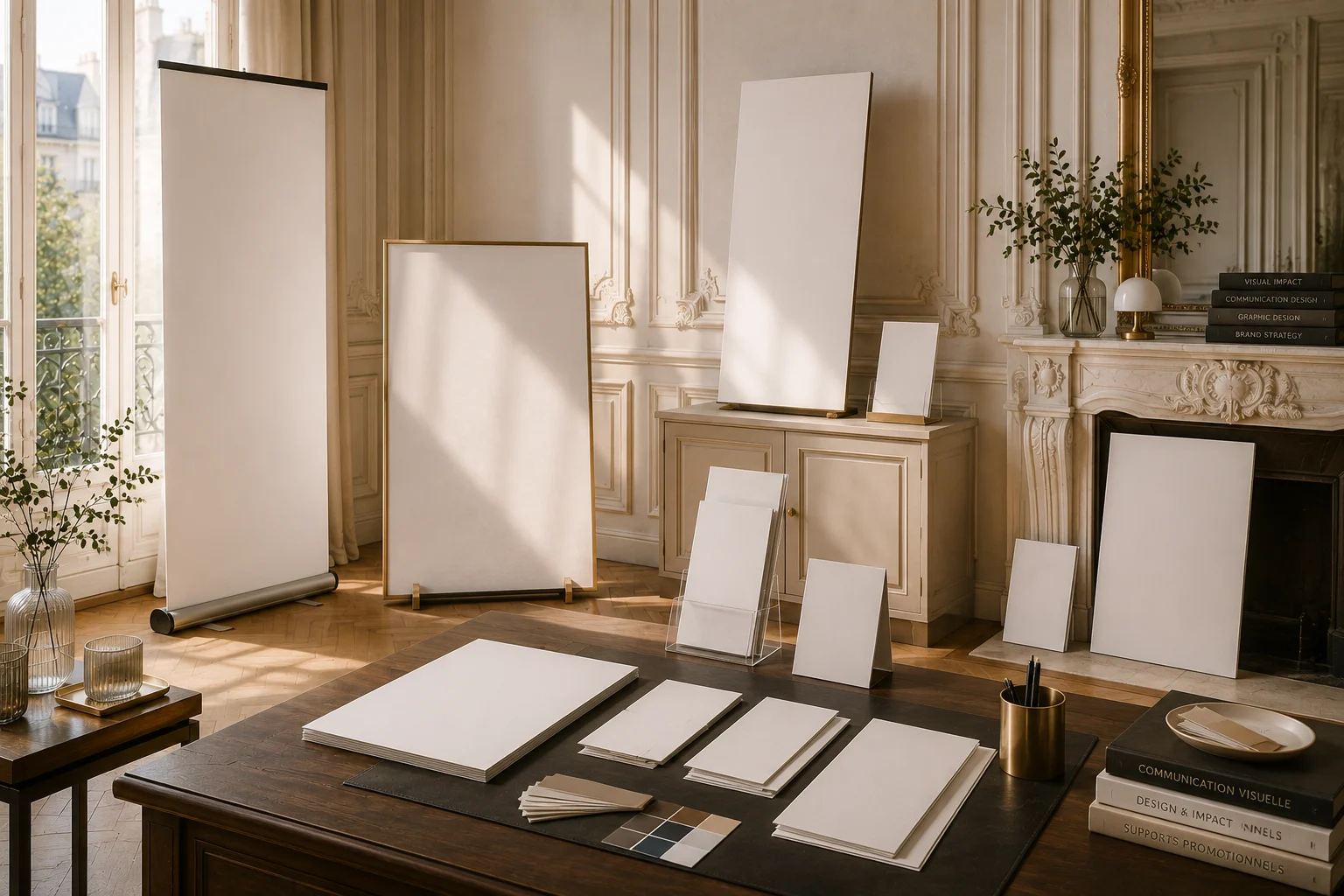 Bureau haussmannien présentant des supports de communication vierges