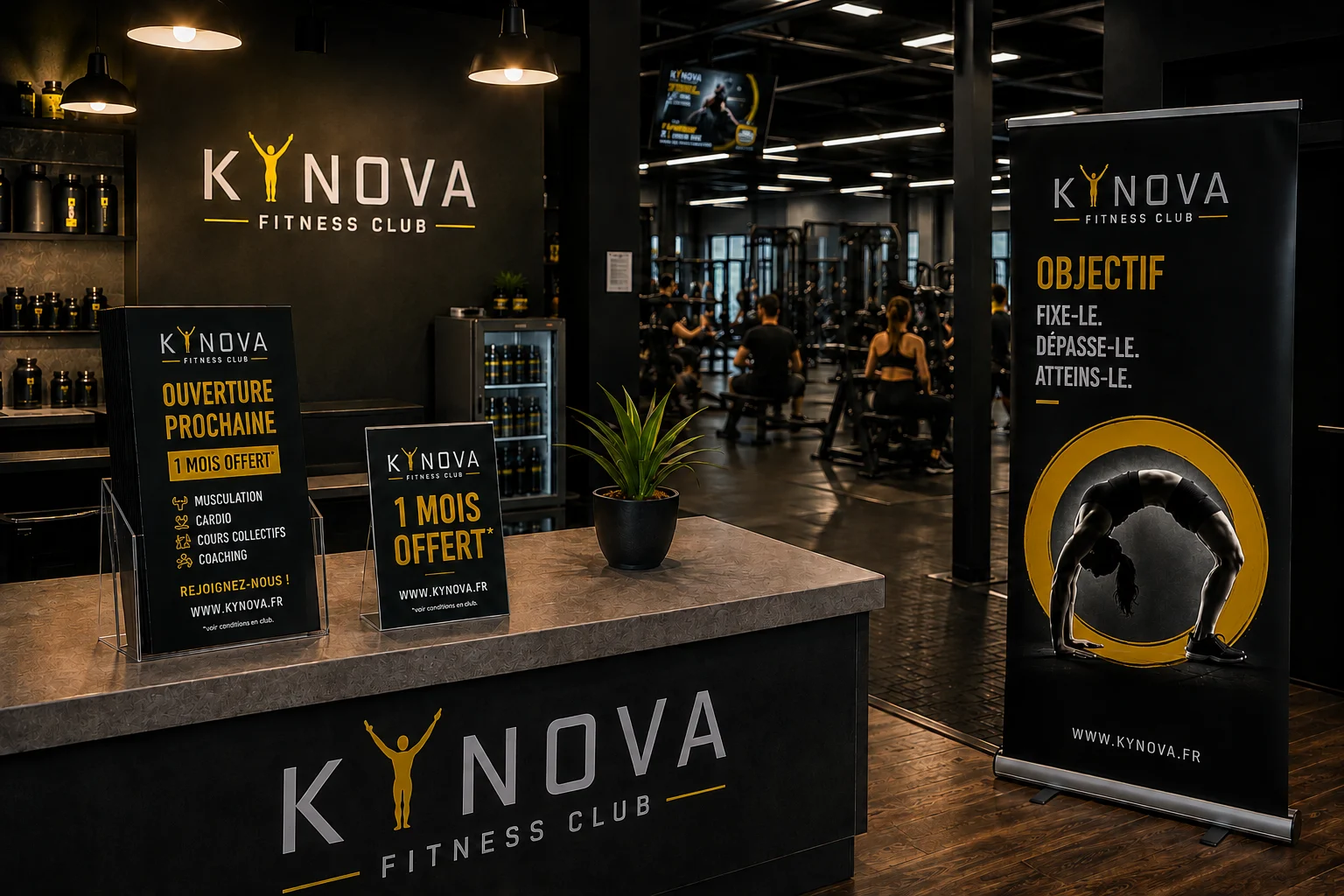 Accueil KYNOVA avec flyers, PLV comptoir et kakémono de campagne