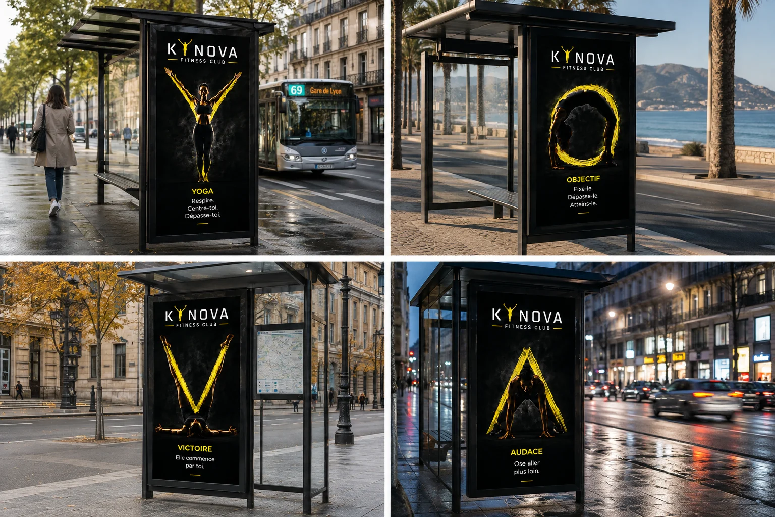 Affiches KYNOVA déployées dans différents abribus urbains