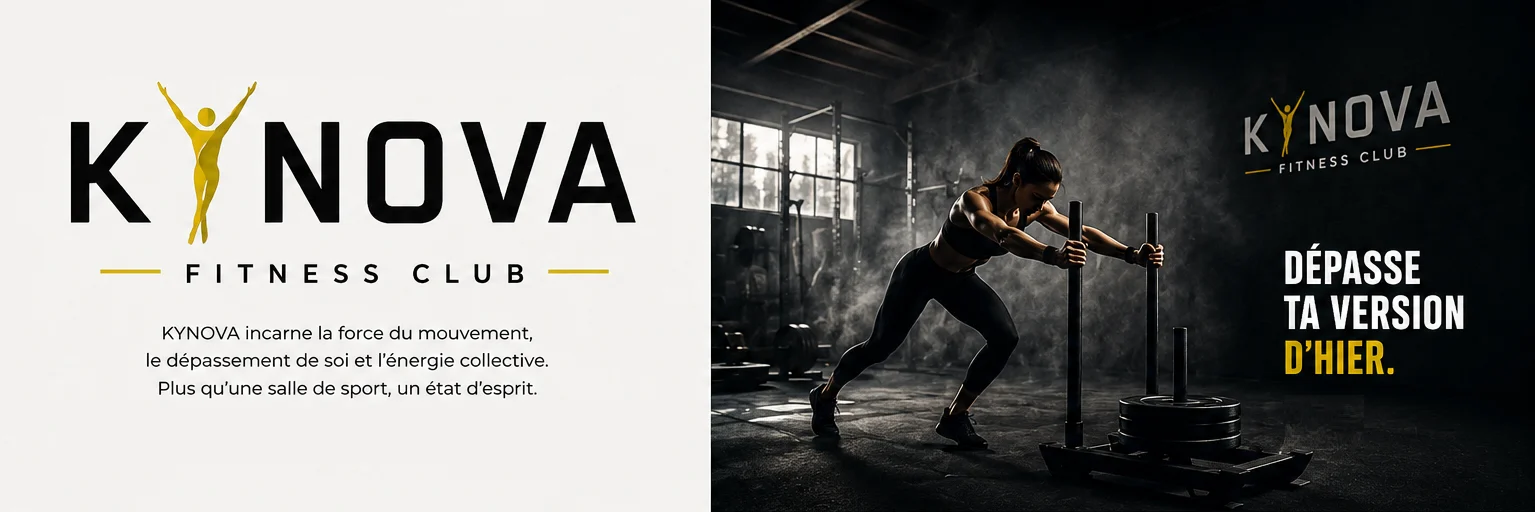 Identité visuelle de KYNOVA Fitness Club et mise en situation dans la salle de sport