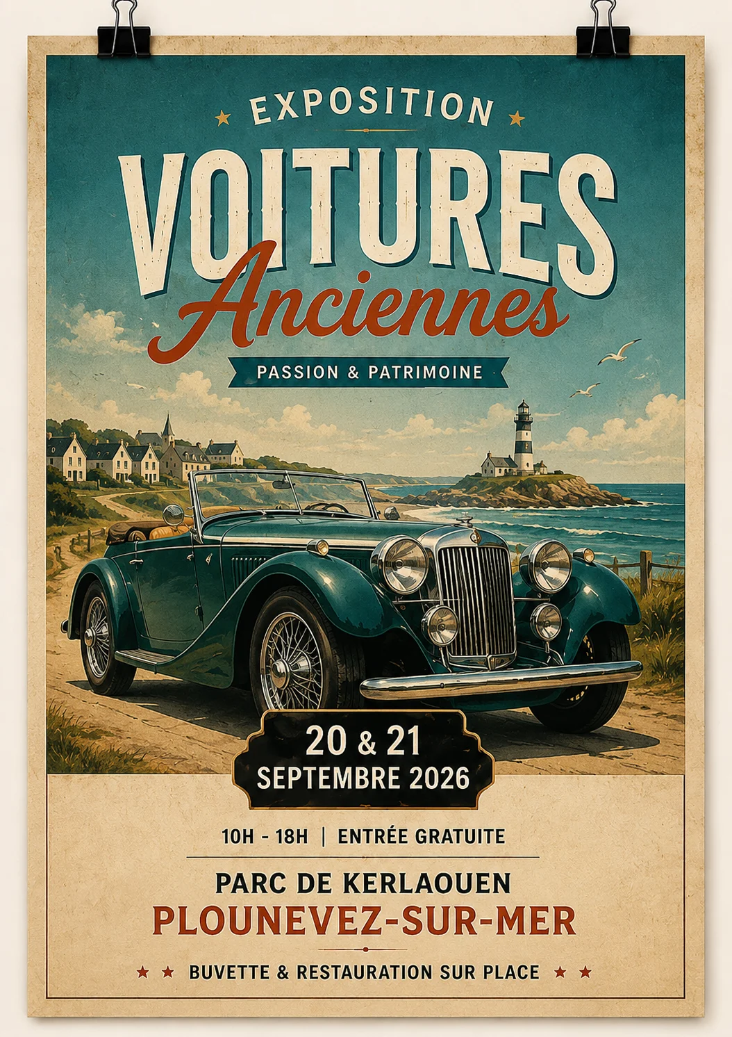 Affiche rétro pour une exposition de voitures anciennes à Plounevez-sur-Mer