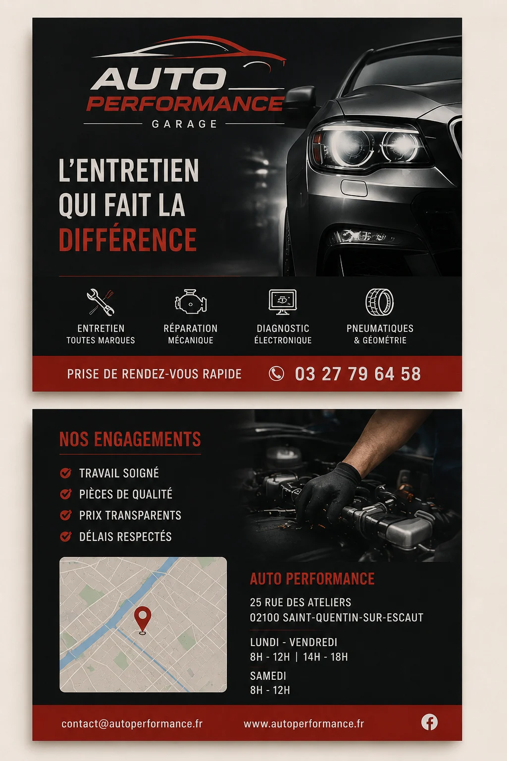 Flyer recto-verso Auto Performance, garage automobile à Saint-Quentin-sur-Escaut