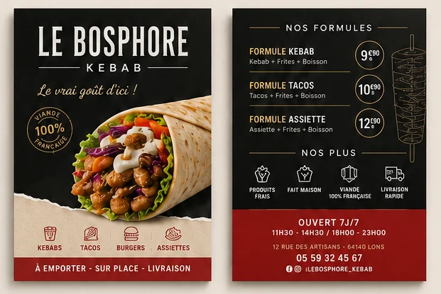 Flyer recto-verso pour le kebab Le Bosphore