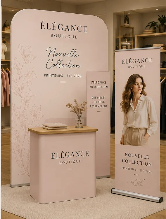 PLV rose poudré pour la nouvelle collection de la boutique Élégance