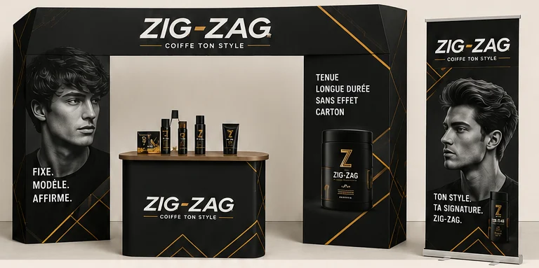 PLV promotionnelle Zig-Zag pour un produit coiffant
