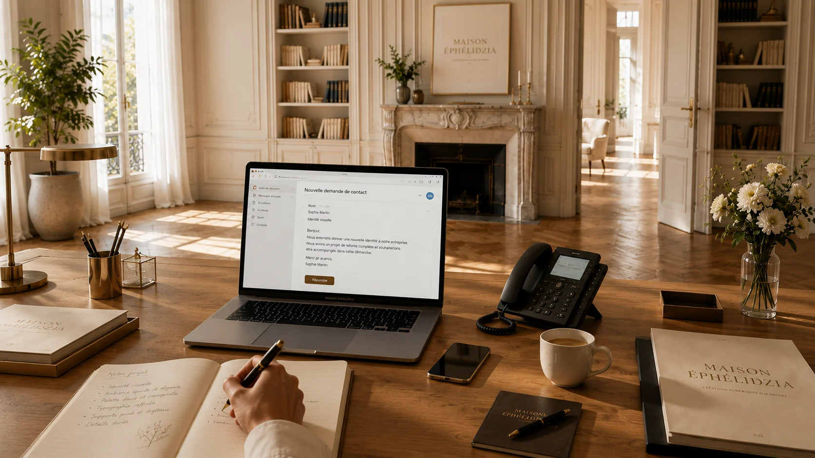 Demande de contact étudiée avec attention dans le bureau Maison Éphélidzia