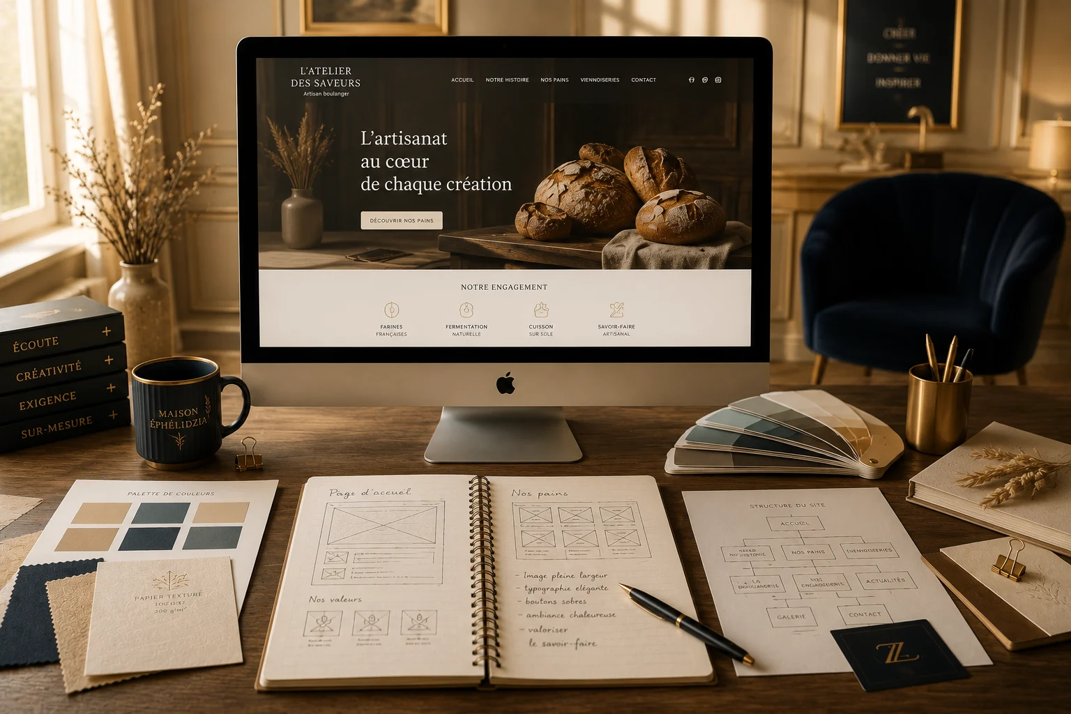 Atelier de création d’un site internet, avec ordinateur, wireframes et nuancier