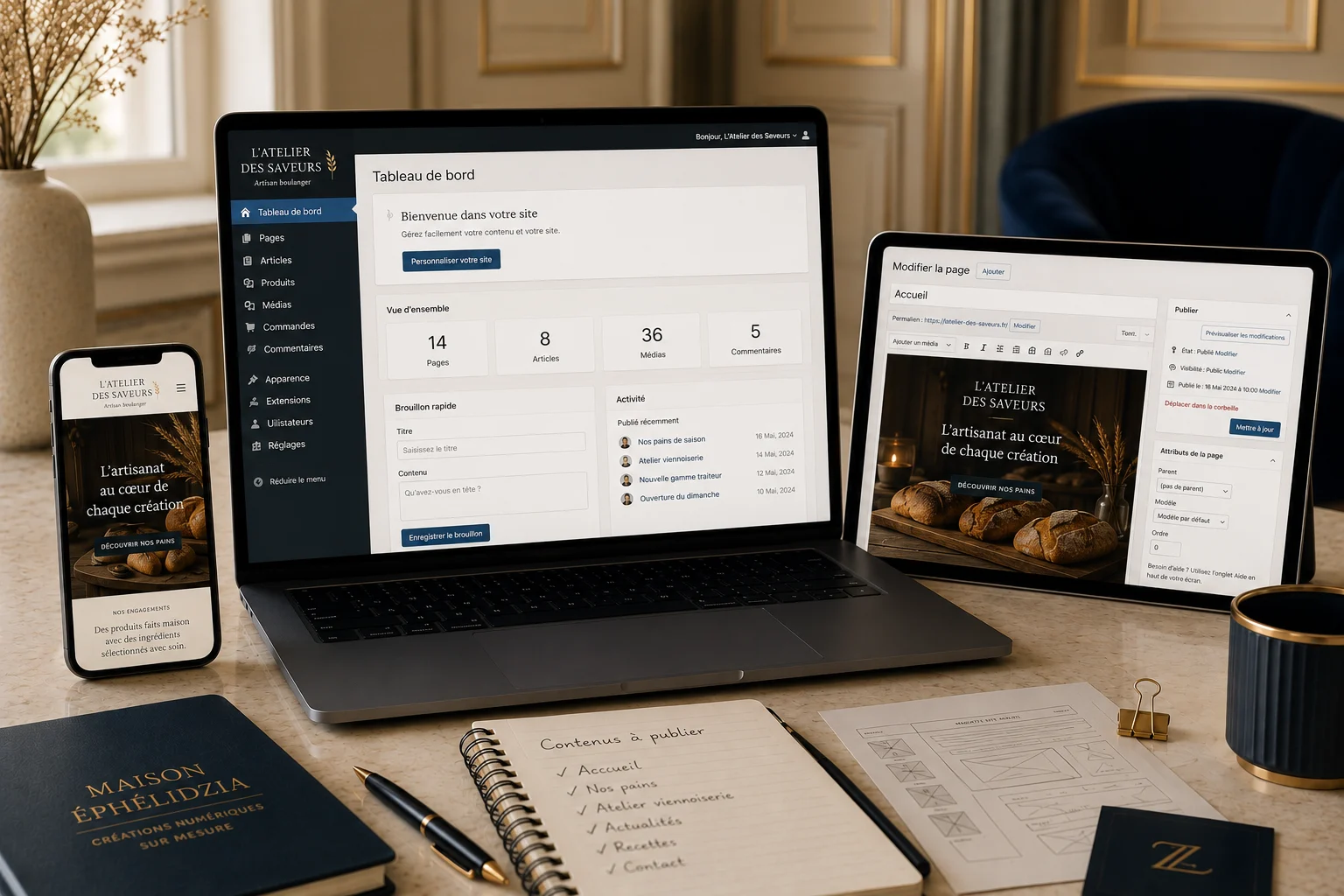 Tableau de bord permettant de gérer simplement les contenus d’un site internet