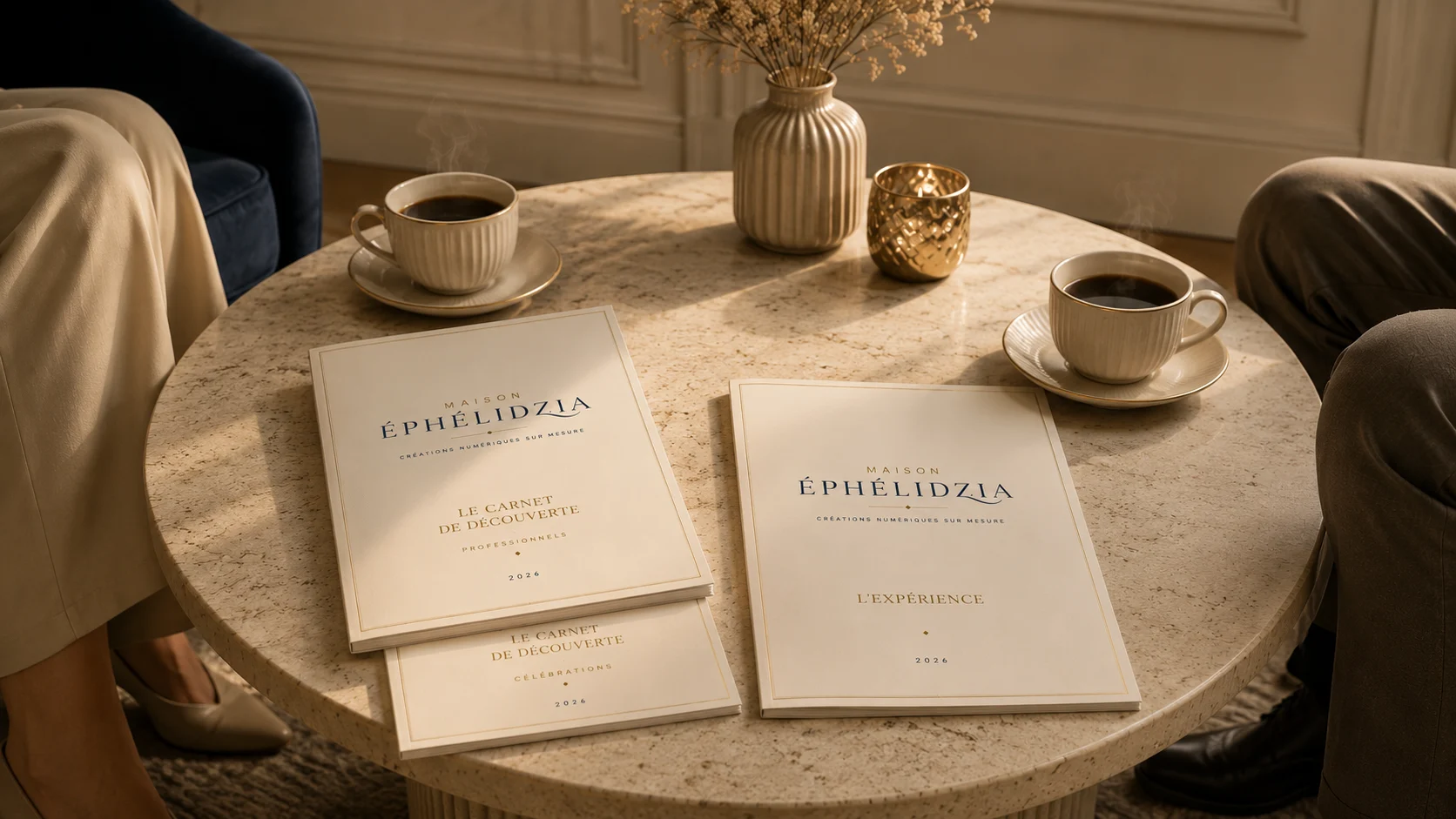Documents Maison Éphélidzia disposés sur une table en travertin lors d’un premier échange