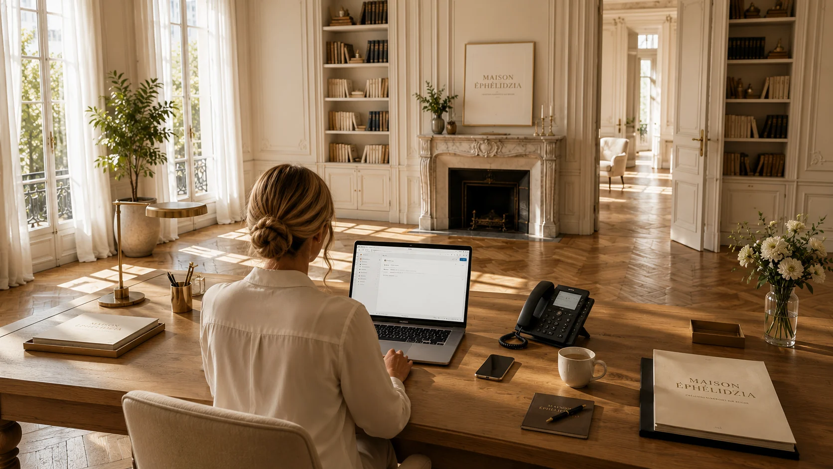 Bureau lumineux Maison Éphélidzia vu derrière l’épaule de la créatrice