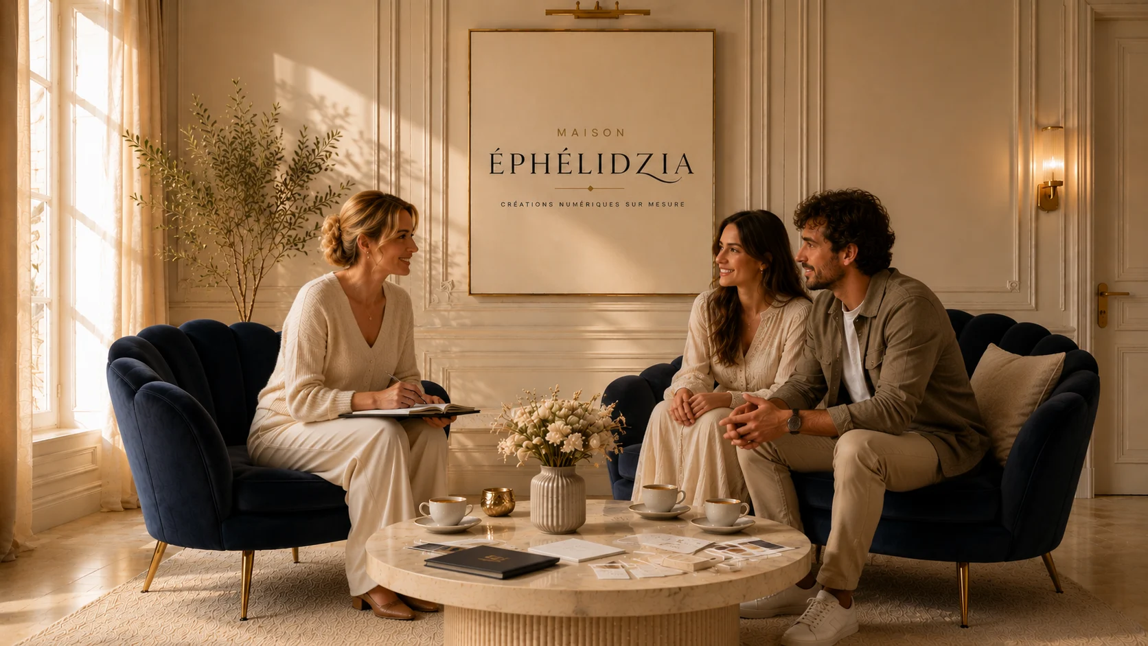 Couple reçu dans le salon Maison Éphélidzia pour préparer une célébration