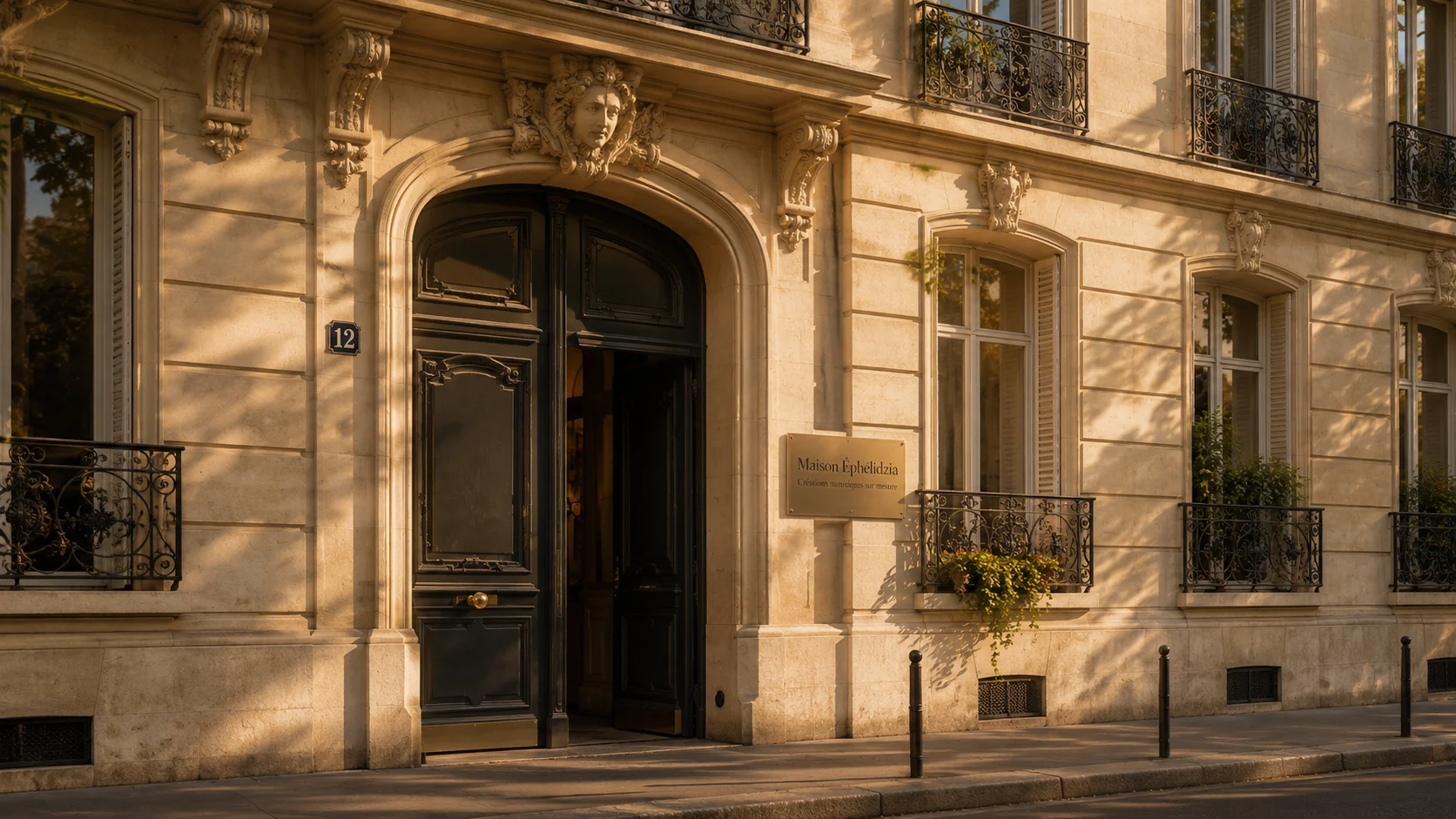 Façade haussmannienne abritant Maison Éphélidzia, avec une plaque en laiton à l’entrée