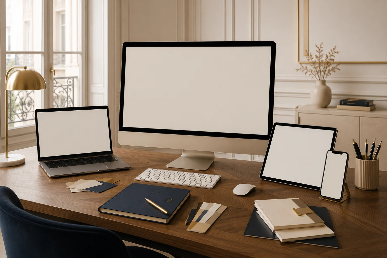 Bureau haussmannien contemporain avec écrans numériques vierges