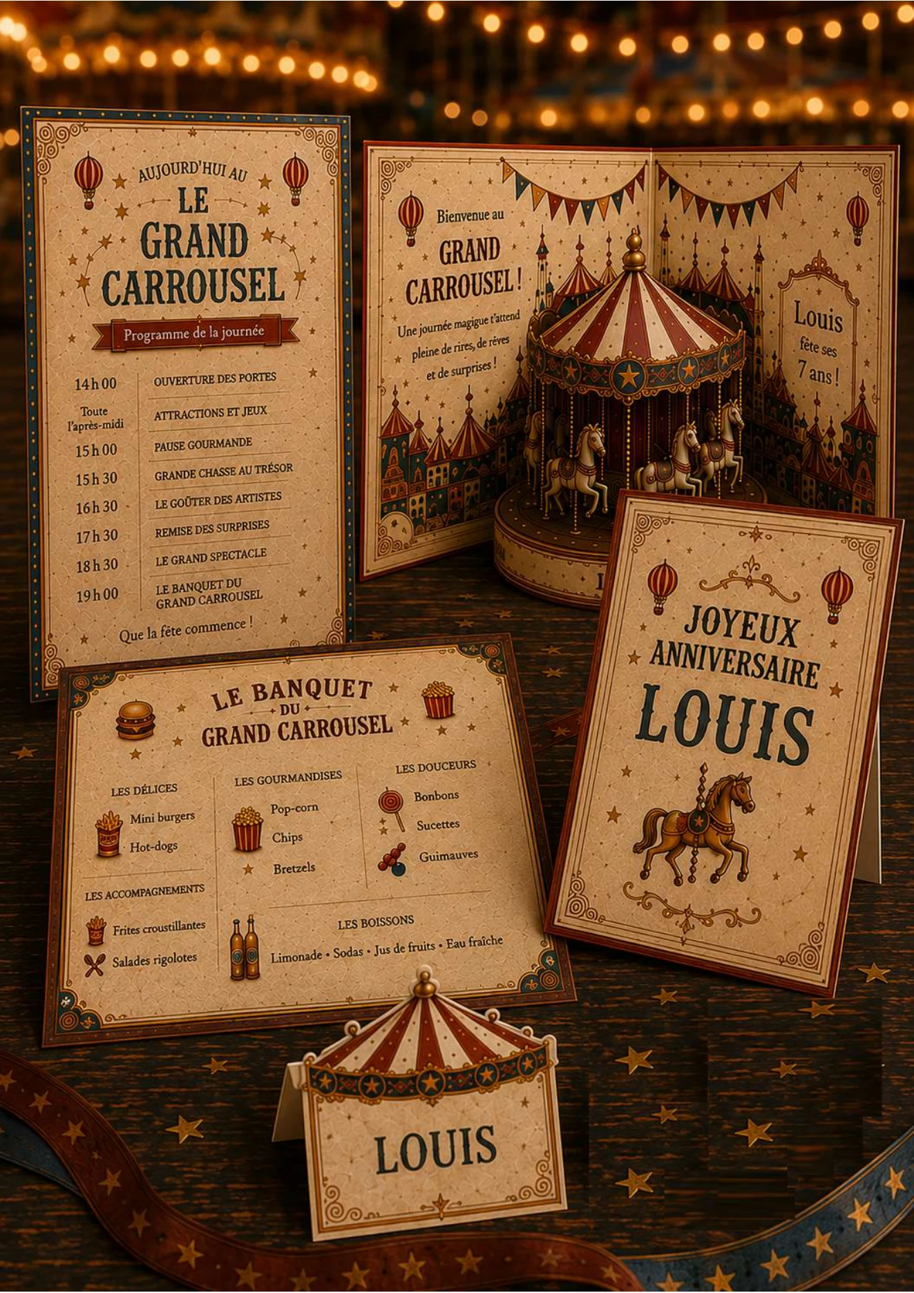 Pack Anniversaire Grand Carrousel avec invitation, menu, marque-place et affiches