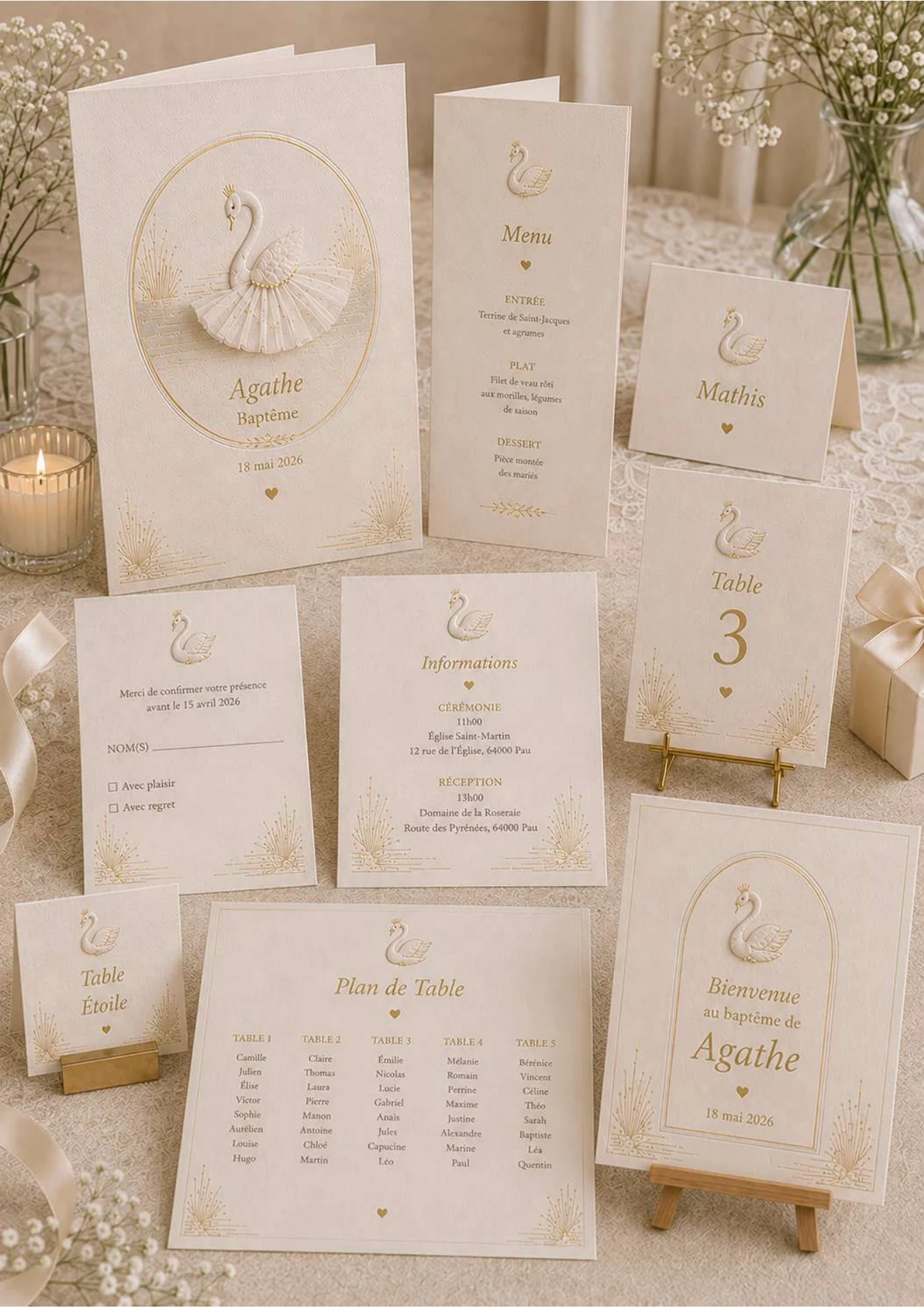 Pack Harmonie, papeterie coordonnée pour baptême, communion ou mariage