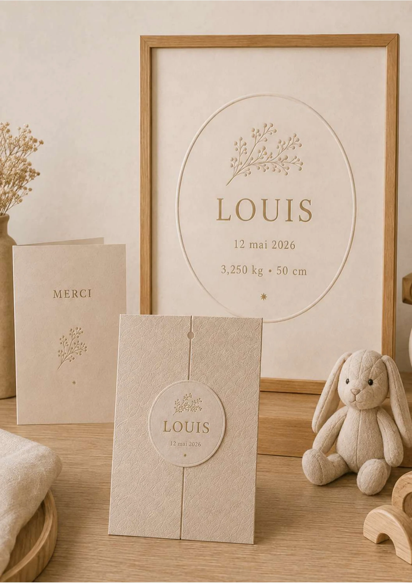Pack Naissance avec faire-part, carte de remerciement et affiche personnalisée Louis
