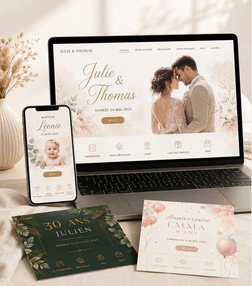 Site événementiel personnalisé présenté sur ordinateur et smartphone pour mariage, baptême et anniversaire