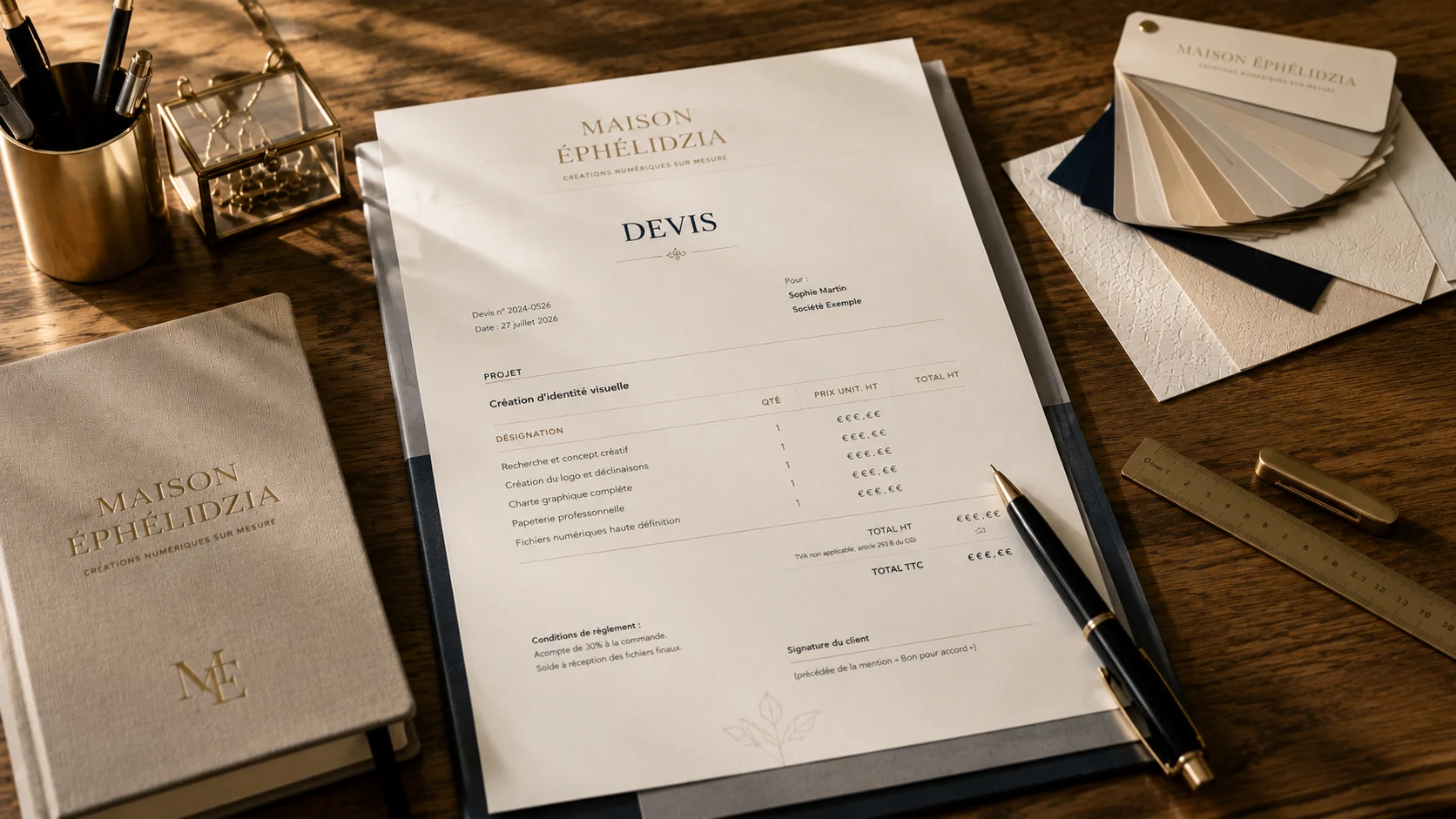 Devis Maison Éphélidzia posé sur le bureau avec des échantillons de papier