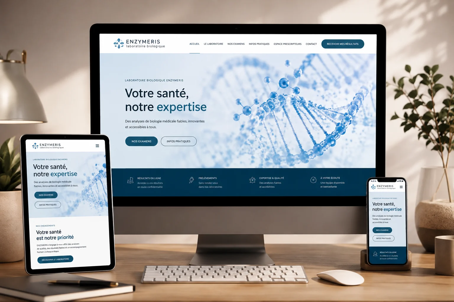 Site internet professionnel responsive Enzymeris présenté sur ordinateur, tablette et smartphone