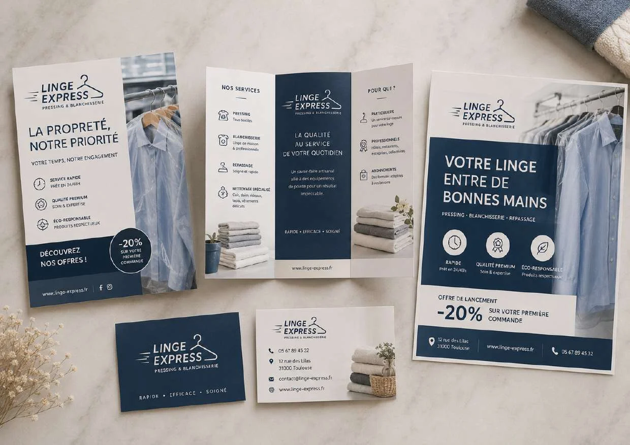 Flyer, dépliant, affiche et cartes de visite coordonnés pour Linge Express