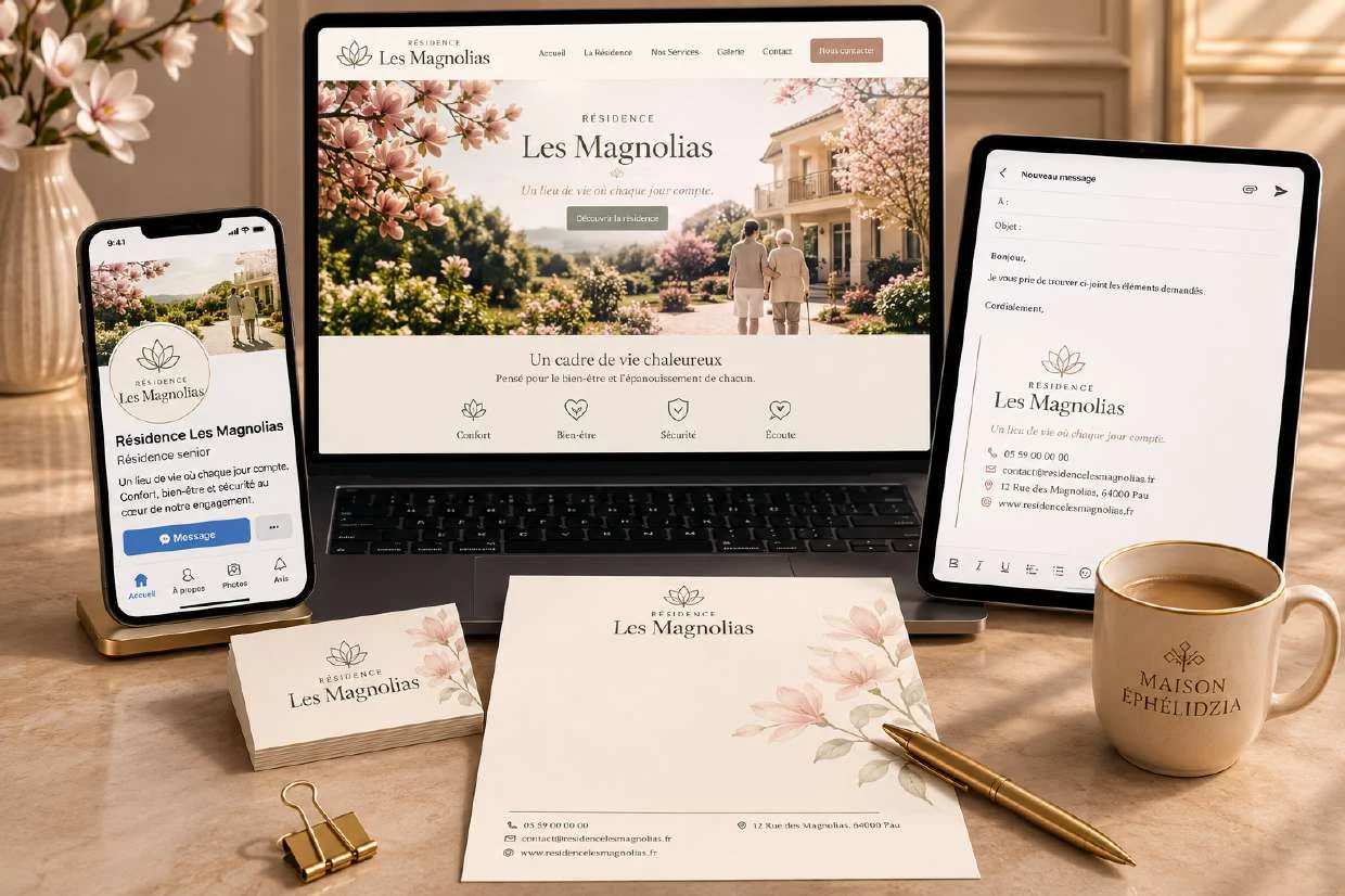 Identité, site vitrine, papeterie et signature e-mail de la Résidence Les Magnolias