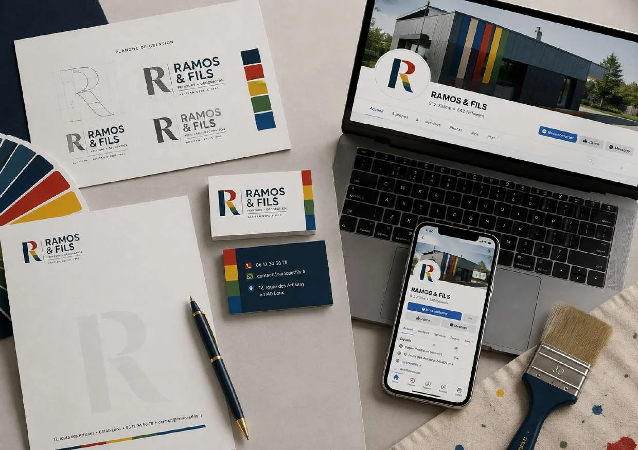 Identité complète Ramos & Fils avec recherche de logo, papeterie et présence sur les réseaux sociaux