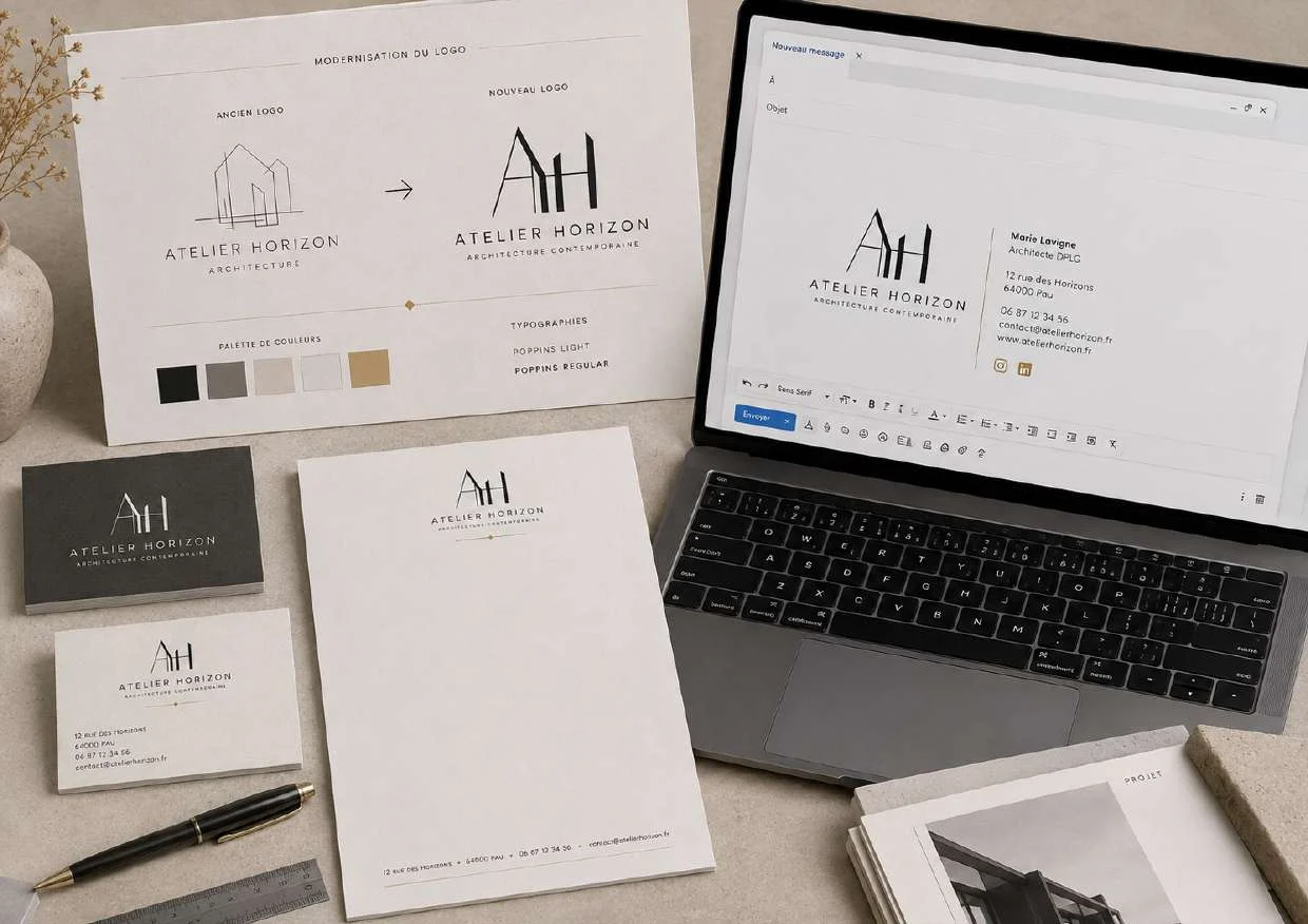Modernisation de l'identité Atelier Horizon avec logo, papeterie et signature e-mail