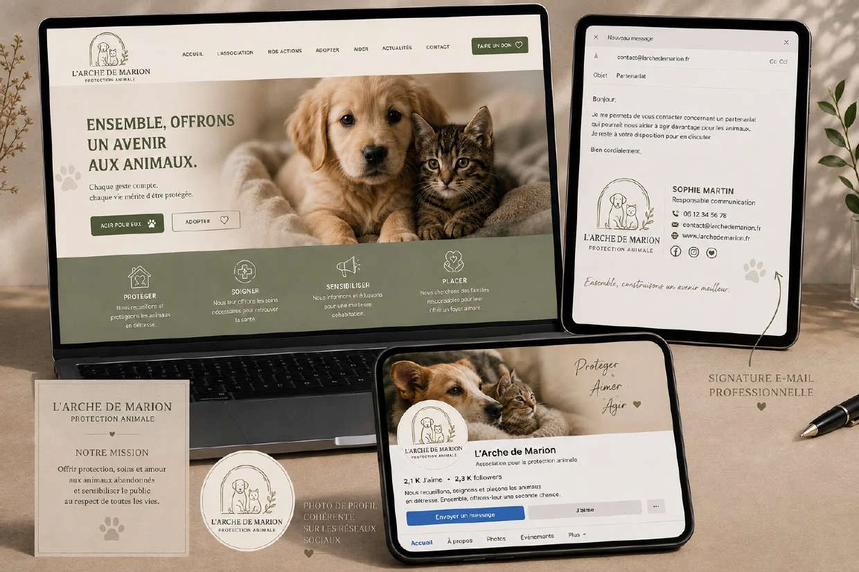 Site vitrine, signature e-mail et présence sociale de l'association L'Arche de Marion