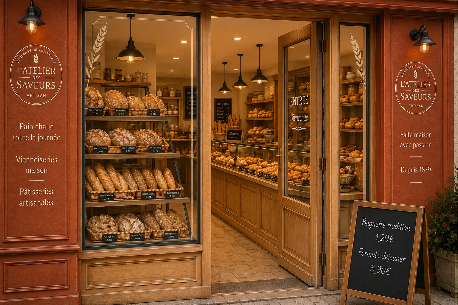 Devanture chaleureuse de L’Atelier des Saveurs