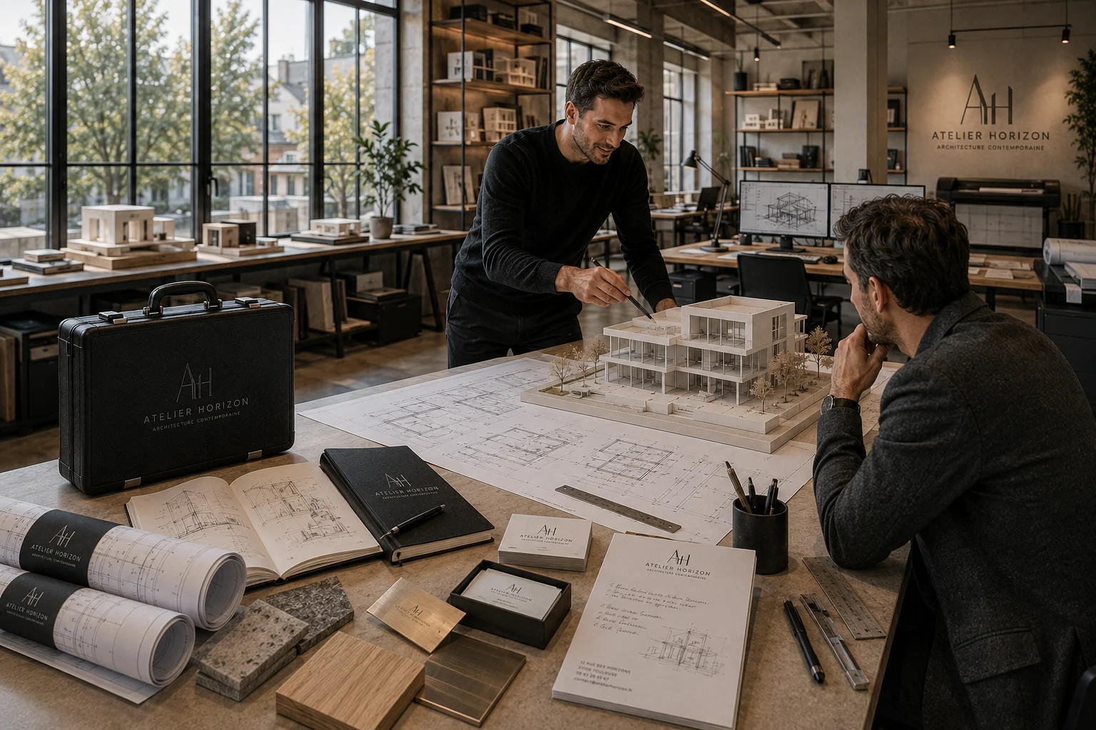Atelier Horizon en activité avec ses supports de marque