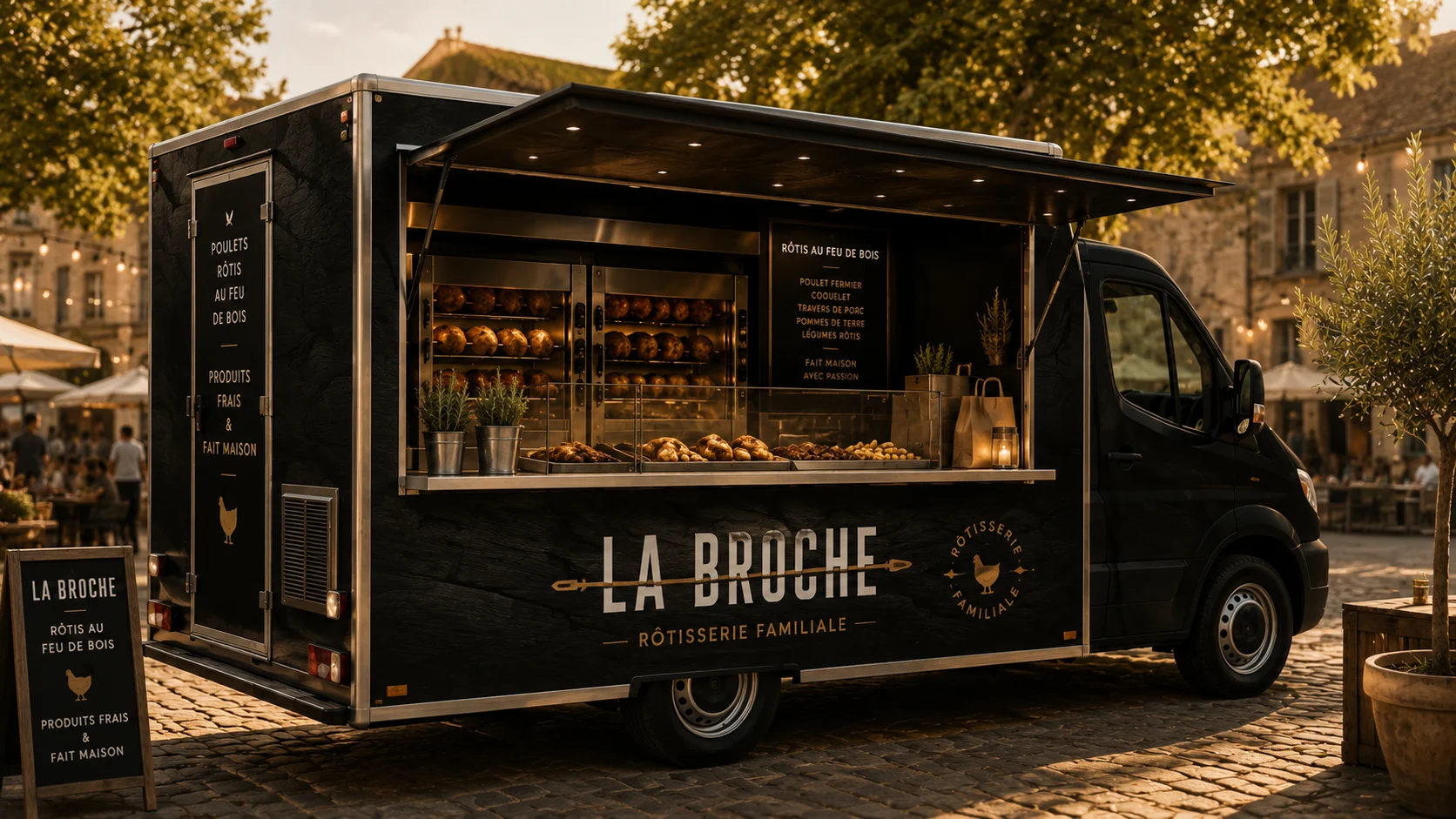 Camion La Broche, côté vente avec auvent ouvert