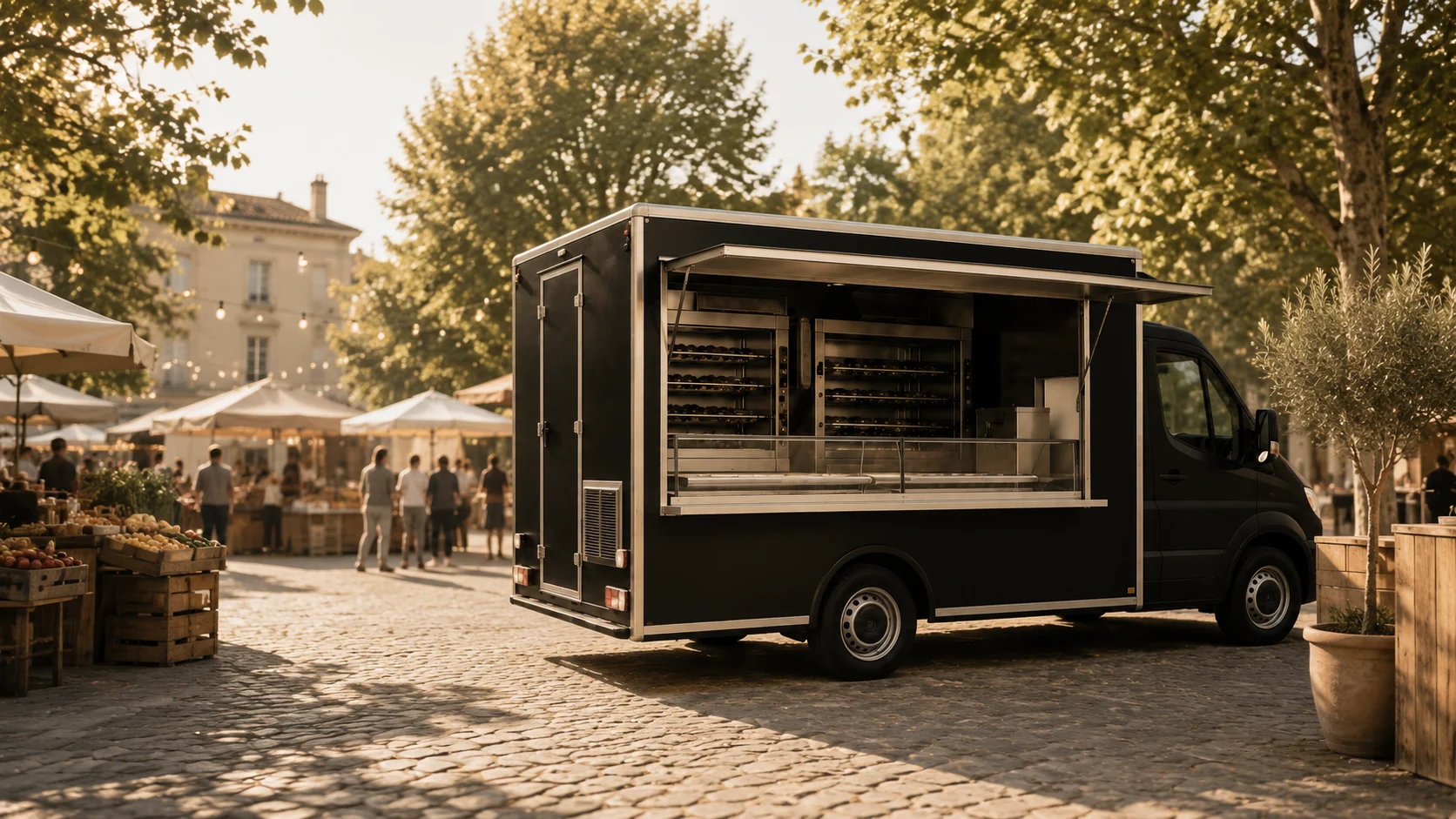 Food truck neutre installé sur un marché gourmand