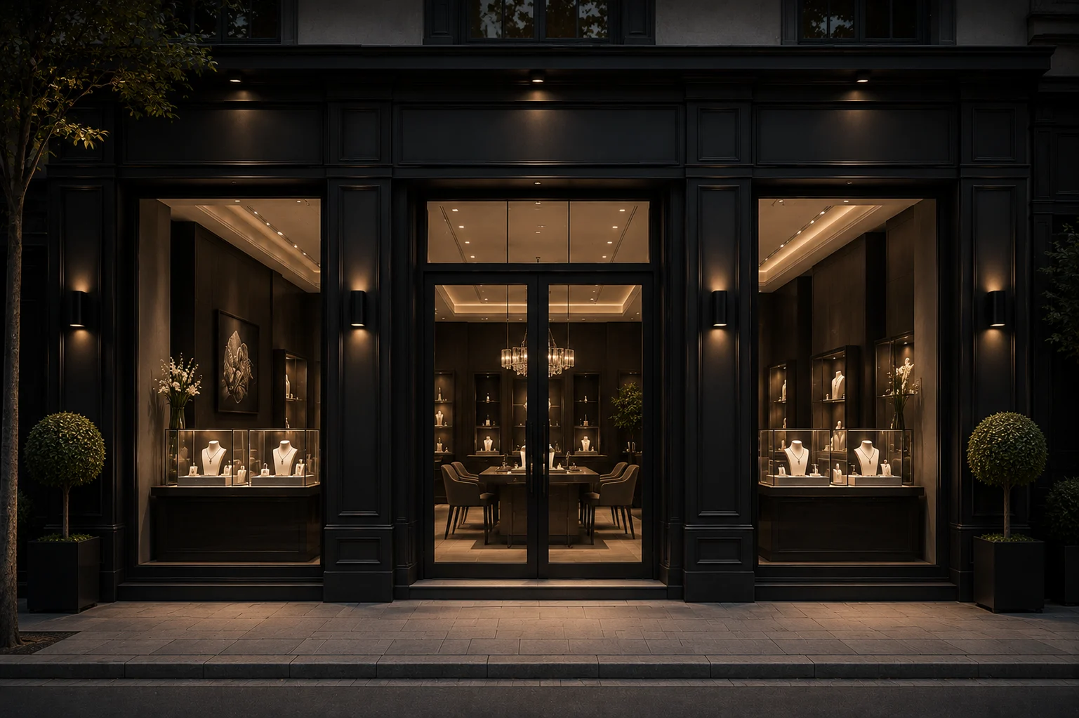 Façade noire d’une joaillerie haut de gamme