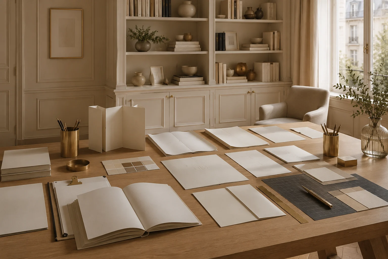 Atelier éditorial élégant avec supports imprimés vierges
