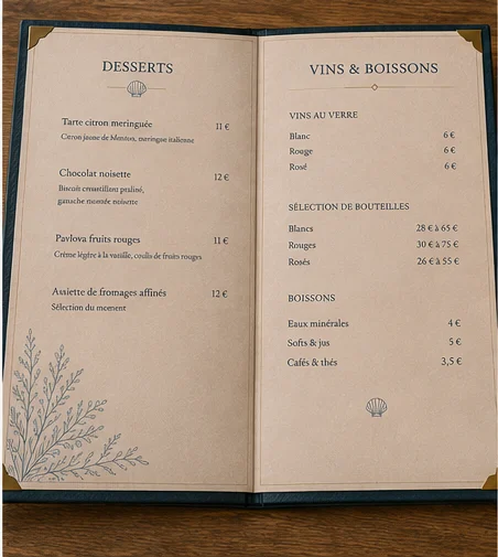 La Table des Embruns — Double page Desserts, vins et boissons