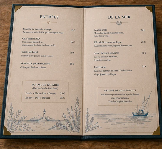 La Table des Embruns — Double page Entrées et De la mer