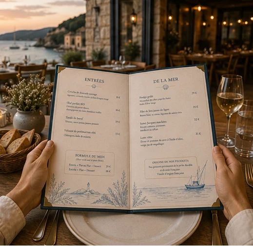 La Table des Embruns — Menu tenu par un client à table