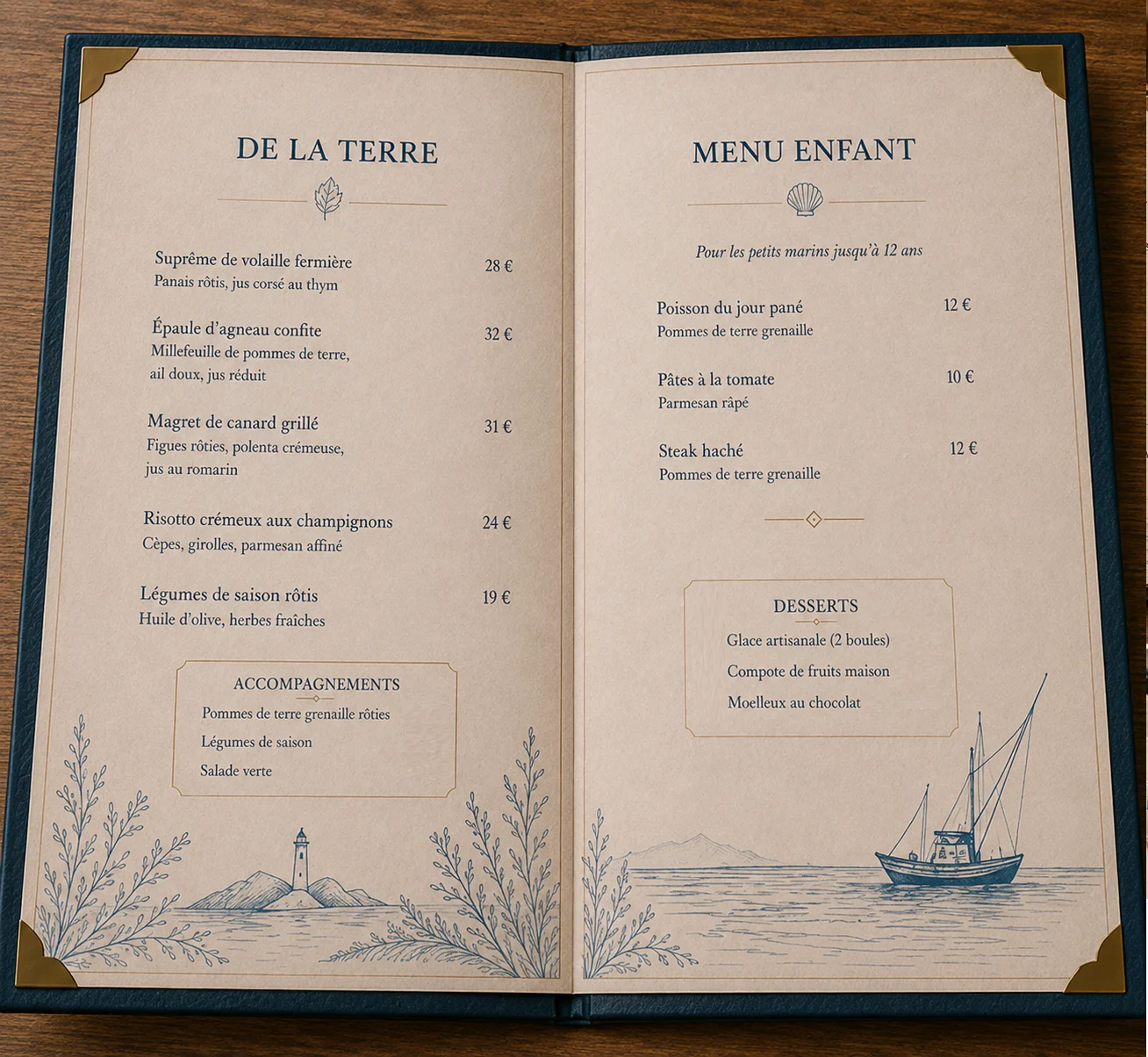 La Table des Embruns — Double page De la terre et Menu enfant
